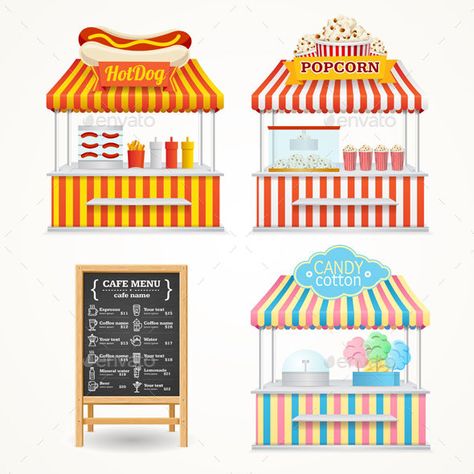 Street Food Market Set. Vector Menu Blackboard, Street Fast Food, Circus Food, Cart Logo, Popcorn Shop, Candy Cotton, Street Food Market, Food Cart Design, Snack Shop