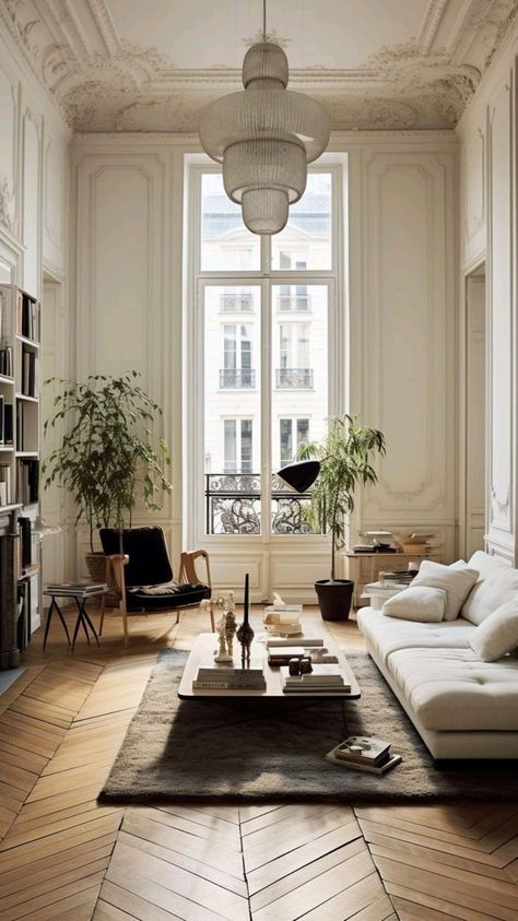 Paris Modern Apartment, Minimalist European Interior, French Townhouse Interior, Art Deco Scandinavian Interior, French Apartment Layout, French Modern Apartment, Paris Aesthetic Apartment, Hausmann Interior, French Cottage Living Room