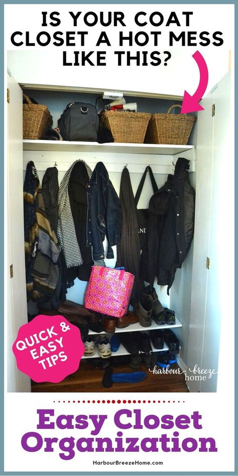 Coat Closet Organization Front Entry, Entryway Coat Closet, Small Entryway Closet, Small Entry Closet, Entry Closet Organization, Coat Closet Storage, Hall Closet Organization, Coat Closet Makeover, Small Coat Closet