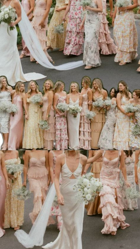 mismatched bridesmaids dresses | floral bridesmaid dresses | silk wedding dress | wedding inspo | unique bridesmaids dresses | white bouquets | ruffle dress | silk | garden wedding | wedding day details | wedding planner | Bridesmaid Dresses Silk, Floral Bridesmaid Dresses Mismatched, Mismatched Bridesmaids Dresses, Garden Wedding Bridesmaids, Ruffles Bridesmaid Dresses, White Bouquets, Unique Bridesmaid Dresses, Wedding Day Details, Floral Bridesmaid Dresses