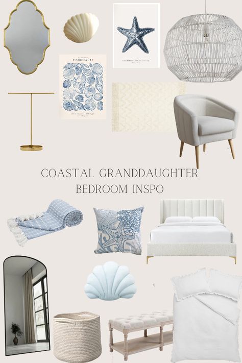 Coastal granddaughter bedroom inspiration #coastalgranddaughter #aesthetic #beachy #bedroomideas Grandmother Coastal Bedroom, Bedroom Inspo Coastal Granddaughter, Blue Coastal Granddaughter Bedroom, Beachy Bedrooms Ideas, Coastal Granddaughter Bedroom Wallpaper, Coastal Granddaughter Bathroom Aesthetic, Dorm Room Coastal Theme, Costal Bedroom Aesthetic Blue, Coastal Feminine Bedroom