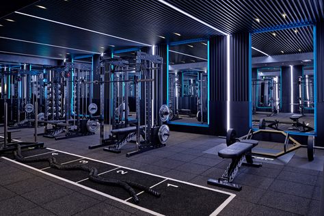 Futuristic Gym, Club Design Interior, Gym Architecture, Commercial Gym Design, Fitness Center Design, Gym Plans, Boutique Gym, Gym Lighting, Dream Home Gym