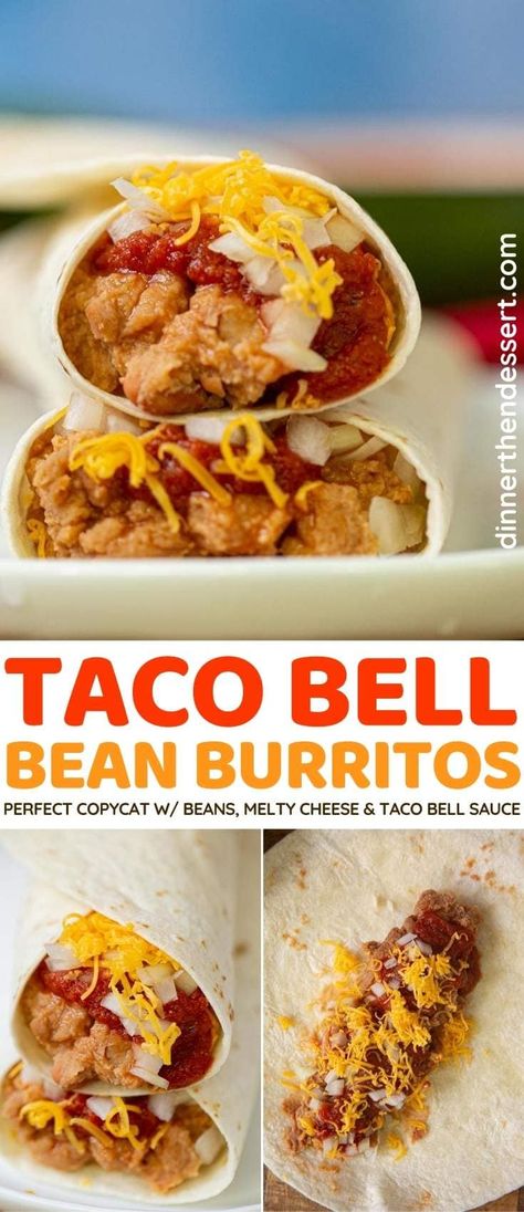 Taco Bell Bean Burrito (Copycat) is an easy meatless burrito so you can skip the drive thru! #dinner #fastfood #copycatrecipe #burrito #tacobell #beanburrito #dinnerthendessert Taco Bell Bean Burrito Recipe, Taco Bell Burrito Recipe, Simple Vegan Dinner Recipes, Taco Bell Bean Burrito, Recipes 5 Ingredients Or Less, Simple Vegan Dinner, Bean Burrito Recipe, Bean And Cheese Burrito, Mexican Favorites