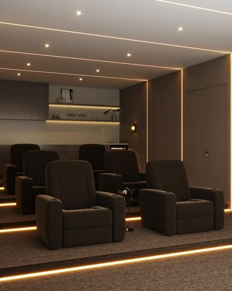 Transform your space into a true home cinema! This home theater is designed to offer an unforgettable movie experience, with a modern and sophisticated touch. Who’s ready for a stylish movie night? #InteriorDesign #HomeTheater #HomeCinema #LuxuryLiving #InteriorDecor #DecorTrends #HomeDecor Home Theatre Design Interiors, Modern Theater Room, Cinema Interior Design, Ruang Karaoke, Cinema Room Decor, Luxury Home Cinema Room, Home Cinema Room Ideas, Home Movie Theatre, Home Theatre Room Ideas