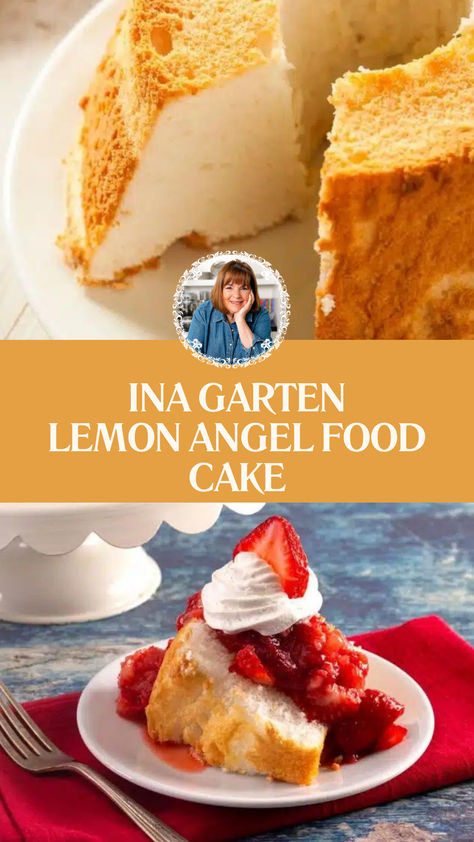 Ina Garten Lemon Angel Food Cake Angel Food Lemon Cake, Lemon Angel Food Cake Recipes, Glaze For Angel Food Cake, Small Angel Food Cake, Layered Angel Food Cake, Angel Food Cake Cupcakes, Angel Food Cake Recipes, Lemon Angel Food Cake, Angel Food Cake Desserts