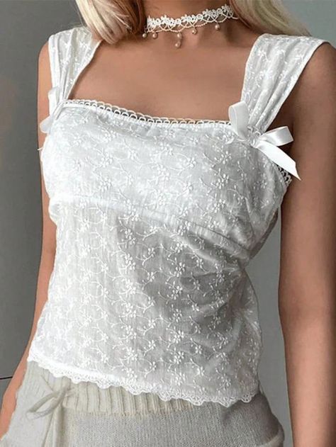 Ladies' Sweet And Cute Lace Lace Bow Top White Elegant  Sleeveless Woven Fabric Plain,All Over Print  Non-Stretch  Women Clothing, size features are:Bust: ,Length: ,Sleeve Length: Top In Pizzo, Street Y2k, Outfit Chic, Floral Lace Tops, Hozier, Top Streetwear, Embroidered Fabric, Lace Bows, Mode Inspo