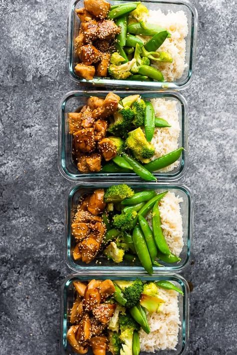 overhead shot of four Honey Sesame Chicken meal prep Bowls Tacos Vegan, Chicken Lunch, Honey Sesame Chicken, Honey Sesame, High Protein Meal Prep, Healthy High Protein Meals, Healthy Lunch Meal Prep, Lunch Bowl, Snack Board