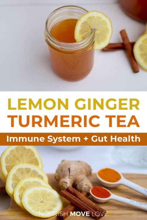 Detox Tea Recipe: Lemon Ginger Turmeric Tea | Nourish Move Love Lemon Ginger Turmeric Tea, Ginger Turmeric Tea, Lemon Ginger Turmeric, Turmeric Tea Recipe, Nourish Move Love, Detox Tea Recipe, Homemade Detox, Turmeric Tea, Ginger Turmeric