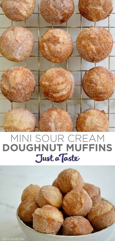 Your family will love this Mini Sour Cream Doughnut Muffins recipe! Just imagine an old-fashioned cake doughnut rolled in cinnamon sugar. When time is short, it’s doughnut muffins to the rescue! #justatasterecipes Mini Breakfast Muffins, Mini Muffin Pan Recipes, Cream Donut Recipe, Mini Muffin Tin Recipes, Cream Doughnut, Sour Cream Donut, Muffin Pan Recipes, Sour Cream Muffins, Sour Cream Desserts