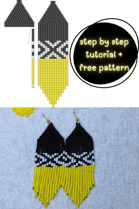 How to Make Beaded Fringe Earrings: 10 Step-by-Step Free Tutorial - Style Zuri Beaded Fringe Earrings Tutorial Free Pattern, Beaded Fringe Earrings Tutorial, Fringe Earrings Tutorial, Fringe Earrings Diy, Brick Stitch Pattern Earring, Seed Bead Patterns Free, Free Beading Tutorials, Seed Beads Diy, Beaded Jewelry Pattern