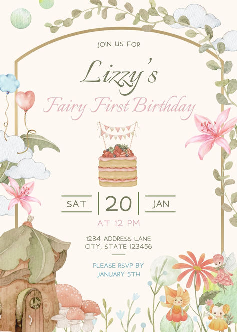 Fairy First Birthday Invitation, Birthday Party Invitation, Editable Invitation template, Birthday Party Invite, Fairy Theme Birthday Cute Invitation Ideas Birthday, 1 St Birthday Invitation Card, Cute 1st Birthday Themes Girl, 1st Birthday Invitation Card Ideas, Fairy Invitations Birthday, First Birthday Girl Invitations, First Birthday Invitation Card Template, Fairy Invitation Template, Birthday Party Card Invitation