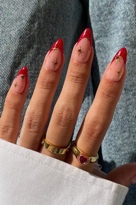 35 Trendy Red Nail Designs to Literally Fire Up Your Look in Seconds Almond Acrylic Nails Dark Colors, Red Biab Nails Short, Red Tip Nails, Almond Nails Red, Kutek Disney, Short Almond Nails, Nagel Tips, Classic French Manicure, Fake Nails With Glue