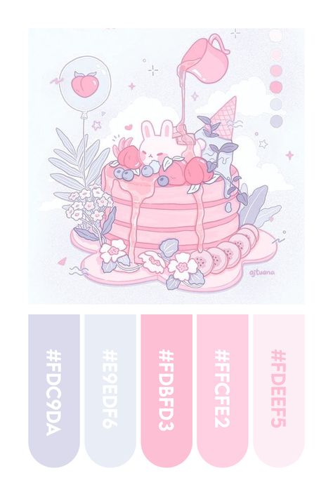 A cute color palette to inspire your next drawing! Colors picked from an illustration by @ajtuana 🥰💕 Pastel Cool Color Palette, Kawaii Colors Palette, Cute Colour Schemes, 4 Color Palette Pastel, Cute Colour Pallete, Pink Pallete Pastel, Pastel Pink Pallet, Cute Pastel Palette, Pink Pastel Colour Palette