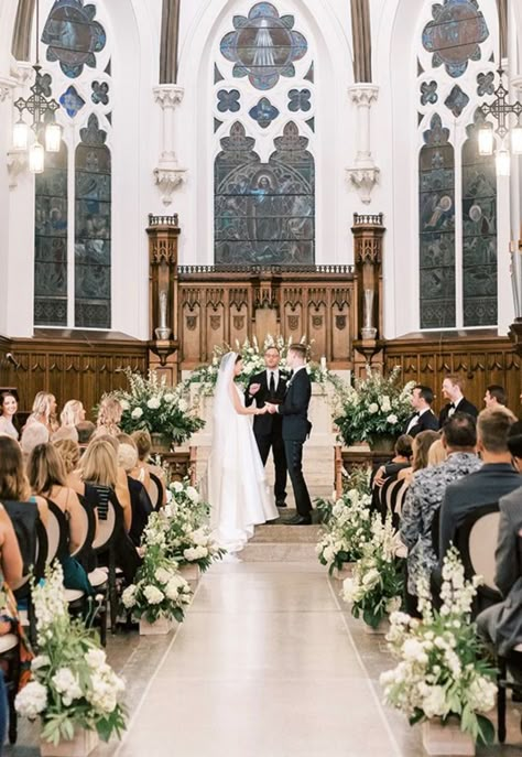 Church Alter Wedding Decorations, Chairs With Flowers, Church Wedding Flowers Altar, Aisle Chair Decor, Wedding Chapel Decorations, Wedding Ceremony Church, Church Wedding Decorations Aisle, Simple Church Wedding, Ceremony Decorations Church