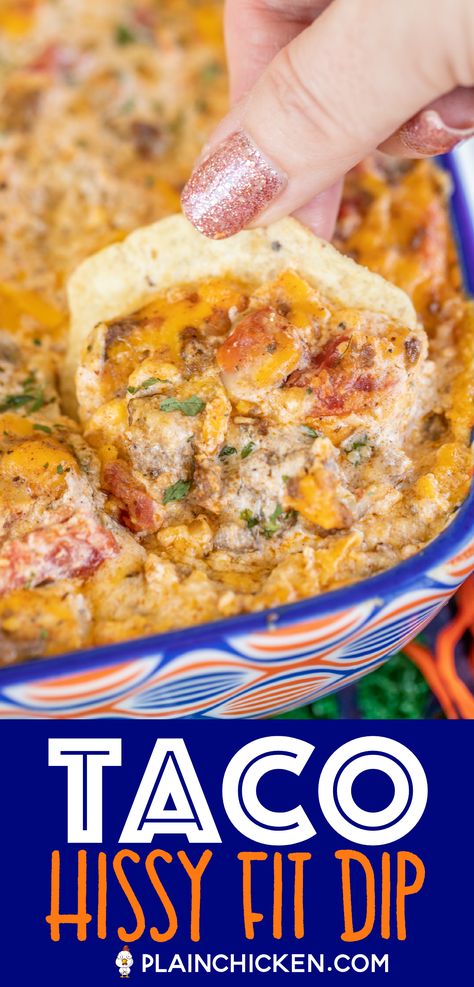 Taco Hissy Fit Dip Recipe - You will definitely throw a hissy fit if you miss out on this dip! Crazy good! Ground beef, taco seasoning, Rotel diced tomatoes and green chiles,  sour cream, Velveeta, muenster cheese. Can mix together and refrigerate a day before baking. Serve with chips and veggies! It is always gone in a flash! #dip #partyfood #taco #gameday #tailgating #tacodip #mexicanfood Creamy Taco Dip, Hissy Fit Dip, Mexican Dip Recipes, Beef Taco Seasoning, Easy Recipes For Dinner, Ground Beef Taco, Taco Dip Recipe, Dinner Recipes With Ground Beef, Beef Recipes For Dinner Easy