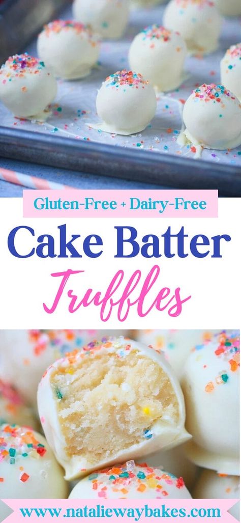 These Cake Batter Truffles are no-bake, easy to make, gluten-free, dairy-free, and taste absolutely delicious- Like little bites of soft melt in your mouth cookie dough. The perfect little bon bon delights! #glutenfree #dairyfree #truffles #cakebattertruffles Gluten Egg Free Desserts, Gluten And Dairy Free Cake Pops, Gluten Free Take Out, Dairy Free Cake Pops Recipes, Gluten Free Desserts For One, Gluten Free Egg Free Dairy Free Desserts, Small Gluten Free Desserts, Dairy Free Gluten Free Appetizers For Party, Cooking Gluten Free