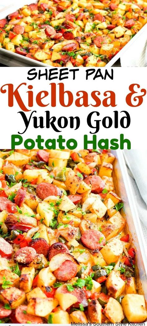 Sheet Pan Kielbasa, Dinner Food Recipes, Breakfast Southern, Sheet Pan Suppers Recipes, Gold Potato Recipes, Yukon Gold Potato, Kielbasa And Potatoes, Recipes Brunch, Oven Meals