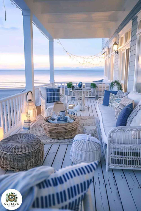 A porch that brings the beach to you with its nautical theme and soothing colors. Perfect for sea lovers dreaming of the ocean. Dive in to discover more porch inspirations! Coastal Front Porch, Greenhouse Porch, Beach House Porch, Beach Porch, Relaxing Photos, Hanging Ferns, Beach Patio, Green Oasis, Seaside Style