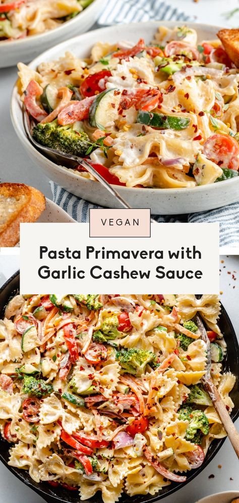 Vegan Pasta Primavera, Creamy Vegan Pasta, Pasta Primavera Recipe, Dairy Free Pasta, Pastas Recipes, Cashew Sauce, Pasta Primavera, Vegan Pasta, Creamy Garlic