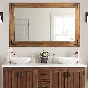 YOSHOOT Rustic Wooden Framed Wall Mirror, Natural Wood Bathroom Vanity Mirror for Farmhouse Decor, Vertical or Horizontal Hanging Natural Wood Bathroom, Natural Wood Bathroom Vanity, Farmhouse Vanity, Rustic Wall Mirrors, Wood Bathroom Vanity, Framed Wall Mirror, Wood Framed Mirror, Mirror Wall Bathroom, Wood Vanity