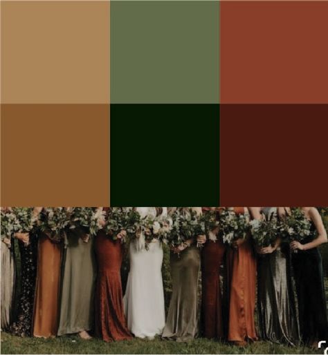 Dark Green And Dark Orange Wedding, Earthy Tones For Wedding, Fall Wedding Colors Bronze, Green Blue Orange Bridesmaids, Fall Color Palette Bridesmaid Dresses, Forest Green And Bronze Wedding, Dark Orange And Green Wedding, Green Orange And Cream Wedding, Orange Green Tan Wedding