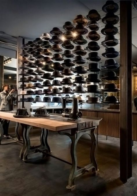 Vintage Industrial Style, Hat Display, Retail Interior, The Ceiling, Retail Space, Shop Interior, Retail Display, Commercial Design, Commercial Interiors