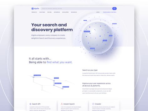 Product Overview Algolia.com by Nicolas Meuzard Technology Website Design, White Space Website Design, White And Blue Website Design, Finance Website Design, Data Science Website Design, Blue Website, Desktop Design, Ppt Design, Cloud Computing Services