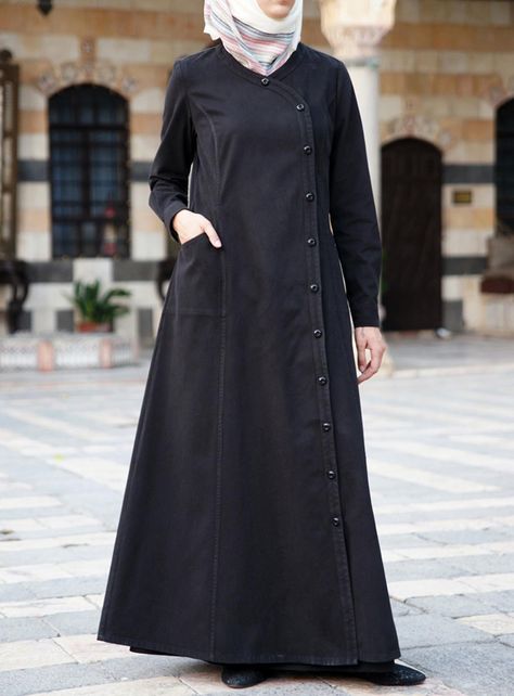 Love the Buttons on this Comfortable Jilbab from www.shukrclothing.com Abaya Designs Simple, Abaya Coat, Simple Abaya Designs, Burqa Designs, Latest Abaya, Simple Abaya, Fashion Abaya, Simple Frock Design, Muslim Dresses