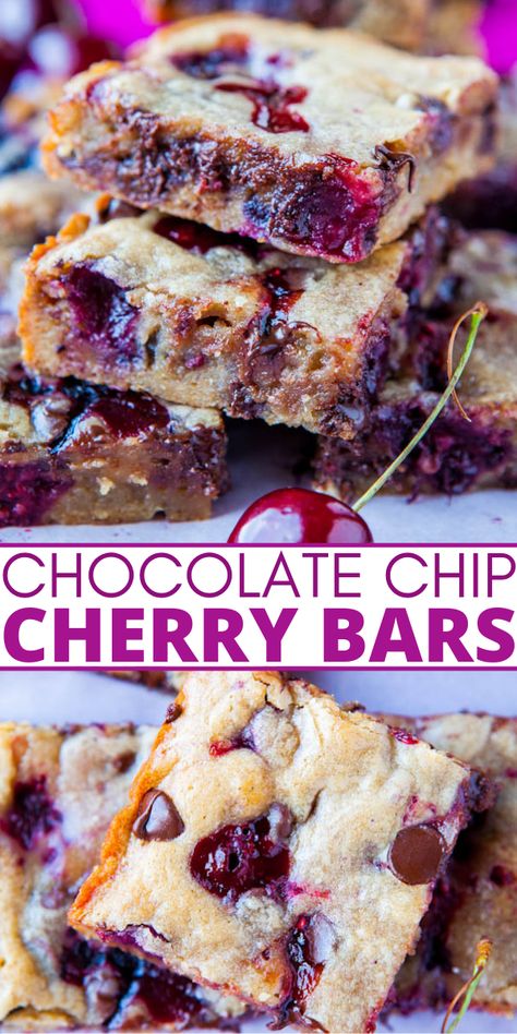 Chocolate Chip Cherry Bars — These cherry bars use my favorite blondie base and turn out perfectly every single time! These bars are seriously so good and are a reader favorite! Dark Cherry Recipes, Frozen Cherry Desserts, Cherry Desert, Chocolate Cherry Bars, Cherry Squares, Cherry Recipes Dessert, Cherry Bread, Cherry Bars, Kosher Cooking