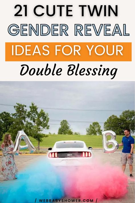 Get ready for double the fun and excitement with our curated collection of 21 unique Twin Gender Reveal Ideas! From innovative themes to creative games, these ideas will deliver a memorable announcement for your double blessing. Check out these exciting twin gender reveal ideas here and celebrate this magical milestone in a way as unique as your upcoming duo of joy! #twingenderrevealideas #uniquegenderrevealideas Gender Reveal Ideas For Party Twins, Triplet Gender Reveal Ideas, Twins Reveal Ideas, Twin Baby Gender Reveal Ideas, Twin Gender Reveal Ideas For Party, Gender Reveal For Twins Ideas, Twin Gender Reveal Themes, Surprise Twin Gender Reveal, Unique Gender Reveal Ideas Announcement