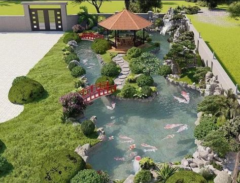 Japanese Koi Pond Design, Backyard Koi Pond Ideas, Japanese Koi Pond, Dröm Hus Planer, Koi Pond Backyard, Fish Ponds Backyard, Gardening Decor, Garden Pond Design, Koi Ponds