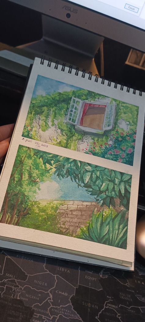 Studio Ghibli Watercolor Art Landscape, Studio Ghibli Color Pencil Art, Ghibli Drawing Watercolor, Watercolour Studio Ghibli, Watercolor Art Studio Ghibli, Ghibli Artwork Illustrations, Studio Ghibli Painting Watercolor, Ghibli Watercolor Painting, Water Colour Art Aesthetic