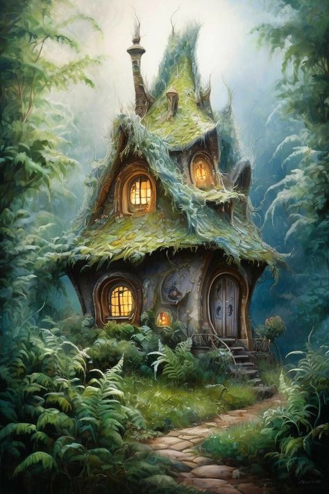 Fantasy Cottage Art, Fantasy Dwellings, Cottage In The Forest, Fantasy Cottage, Fairy Tale Cottage, Forest People, Forest Cottage, Witch Cottage, Fairy Stories