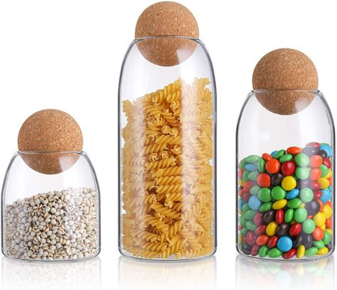 Amazon.com: Suwimut 3 Pack Glass Jar with Airtight Cork Lid Ball, Clear Candy Jar Mason Jars Food Storage Canister with Seal Wood Cork Round Stopper for Serving Spice Sugar Salt Tea Coffee, 500ML, 900ML, 1200ML : Home & Kitchen Cork Ball, Serving Bowls Ceramic, Glass Storage Containers, Mason Jar Meals, Kitchen Jars, Cork Lid, Glass Storage Jars, Glass Canisters, Global Views