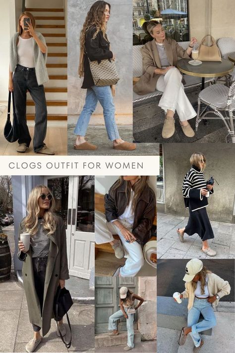 Chic Ways To Style Clogs | Outfit Idea | Fall Outfit Boston Birkenstock Outfit Aesthetic, Clogs Office Outfit, Clog Shoes For Women, Women’s Outfits With Clogs, Clog Slides Outfit, Footbed Clogs Outfit, Outfits With Rothy Clogs, Dansko Outfits How To Wear, Rothy’s Clog Outfit