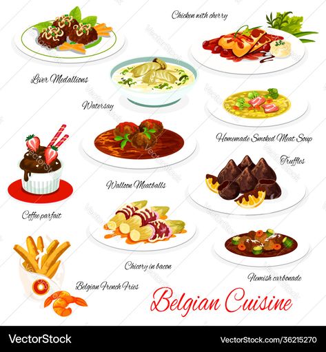 Coffee Parfait, Meat Soup, Belgium Food, Belgian Cuisine, Herbs Illustration, Belgian Food, Smoked Meat, Meatball Recipes, Food Dishes