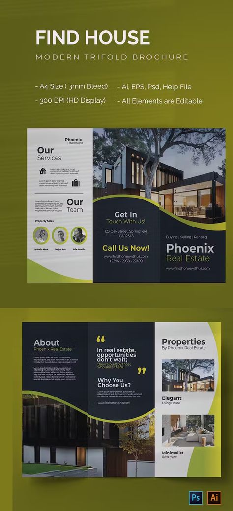 Find House Trifold Brochure Template AI, EPS, PSD House Brochure Design, Real Estate Trifold Brochure Design, Trifold Graphic Design, Modern Trifold Brochure Design, Real Estate Trifold Brochure, Brochure Creative Design, Property Brochure Design, Bank Brochure, House Brochure