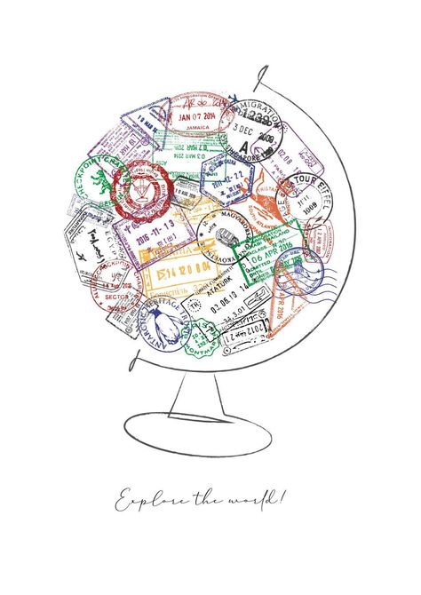 Globe made from a passport stamps different countries with lettering explore the world Travel Collage, Travel Stamp, Passport Stamps, Travel Wallpaper, Letter Stamps, Travel Illustration, Art Appreciation, Different Countries, Travel Collection