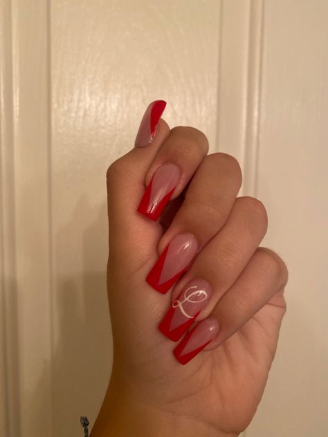 Red Nails With A Initial, Red Acrylic Nails With Letter Design, Red Nails With Boyfriends Initials, Red Nails With Bf Initials, Red French Tip With Initial, Valentines Nails Designs With Initial, Red Nail Designs With Initial, Red Valentines Nails With Initials, Red French Tip Nails With Initial