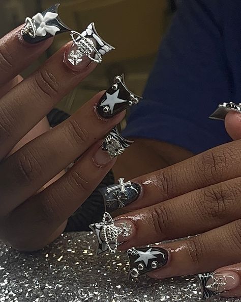 Birthday nails 🖤🔥 How fye are these 1-10?? #ducknails #nailart #nails #nailinspo #nailideas Nail Ideas Birthday Art Designs, Grey Birthday Nails, Black Inspired Nails, Birthday Nails Sweet 16, 21 Nails Birthday, 17 Birthday Nails Ideas, Black And Silver Birthday Nails, Dope Nail Designs Black, It's My Birthday Aesthetic