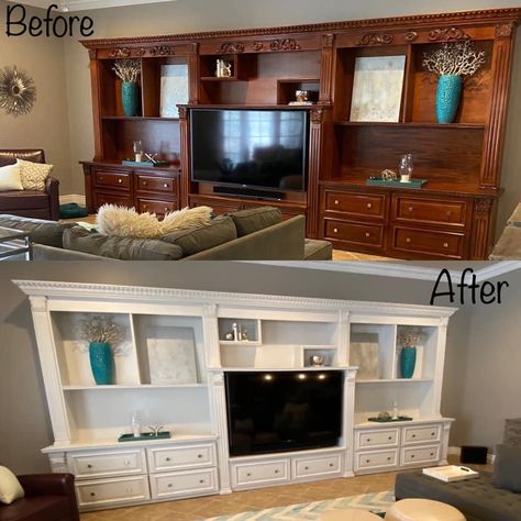 Used an airless paint sprayer to paint wall unit. Used a very light gray that almost looks white next to our griege wall color Wall Unit Refurbished, Griege Wall, Wall Unit Makeover, Old Entertainment Centers, Airless Paint Sprayer, Upcycle Furniture, Furniture Upcycling, Painted Wood Walls, Paint Wall