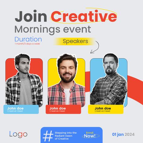 PSD join our creative morning event psd with speaker details guest speakers "🌅 Creative Mornings Await! 🎙️ Join us for an inspiring morning with guest speakers who'll fuel your creativity. Download our PSD to spread the word and get ready for a memorable event. See you there! #CreativeMornings #GuestSpeakers #EventPromotion #PSDTemplate" Guest Poster Design, Event Speaker Design, Speaker Announcement Design, Speaker Graphic Design, Guest Speaker Poster Design, Speaker Poster, Class Poster Design, Speakers Design, Webinar Design