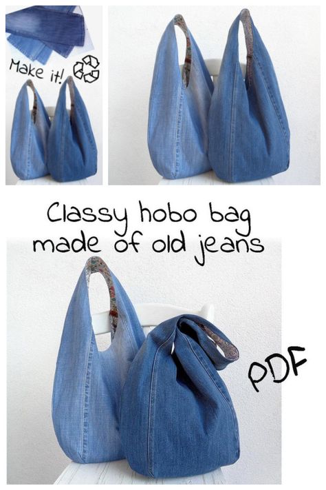 DIY Slouchy Jean Bag Sewing Patterns Återvinna Jeans, Fabric Art Diy, Artisanats Denim, Jean Diy, Tas Denim, Hobo Bag Patterns, Jean Bag, Denim Bag Patterns, Denim Bag Diy