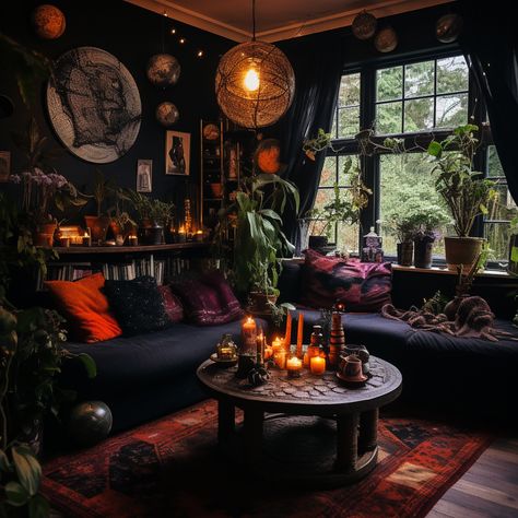 Jungle Goth Decor, Goth Lounge Room, Cottagegoth Living Room, Whimsy Goth Interior, Cottage Goth Living Room, Goth Aesthetic Living Room, Dark Fairy Home Aesthetic, Gothic Bohemian Living Room, Black Maximalist Living Room