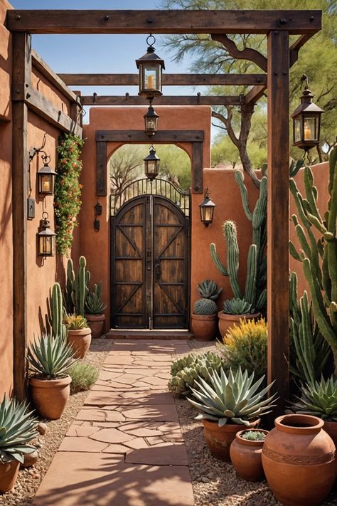 20 Desert Landscaping Ideas For Your Front Yard – ToolzView Cactus In Large Pots, New Mexico Courtyard, Arizona Fence Ideas, Santa Fe Courtyard Ideas, Mexican Fence Post Cactus Landscape, Outdoor Hacienda Patio, Cactus Yard Landscaping, El Paso Backyard Ideas, Southwest Courtyard Ideas