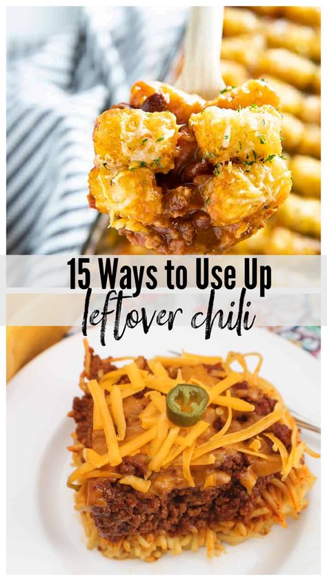 Two leftover chili dishes….easy ways to use up chili on Day 2! Chili Recipies, List Of Dinner Ideas, Leftover Chili Recipes, Baked Chili Cheese Dogs, Chili Baked Potato, Leftover Meals, Chili Spaghetti, Chili Bake, Chili Casserole