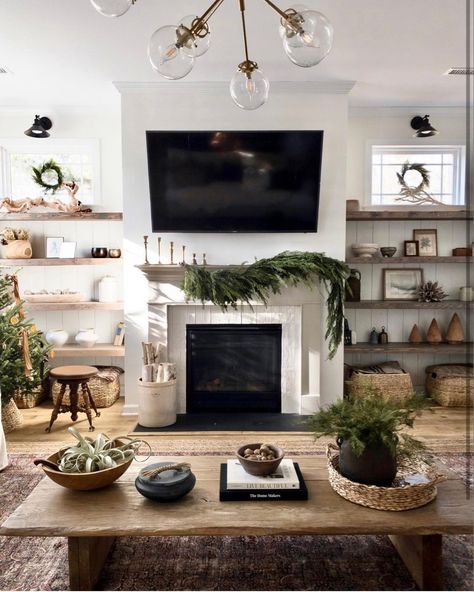 Built In Shelves Christmas Decor, Christmas Built In Shelves Decor, Shelves Around Fireplace, Pure Salt Interiors, Rustic Wood Floating Shelves, Built In Shelves Living Room, Living Room Built Ins, Pure Salt, Fireplace Built Ins