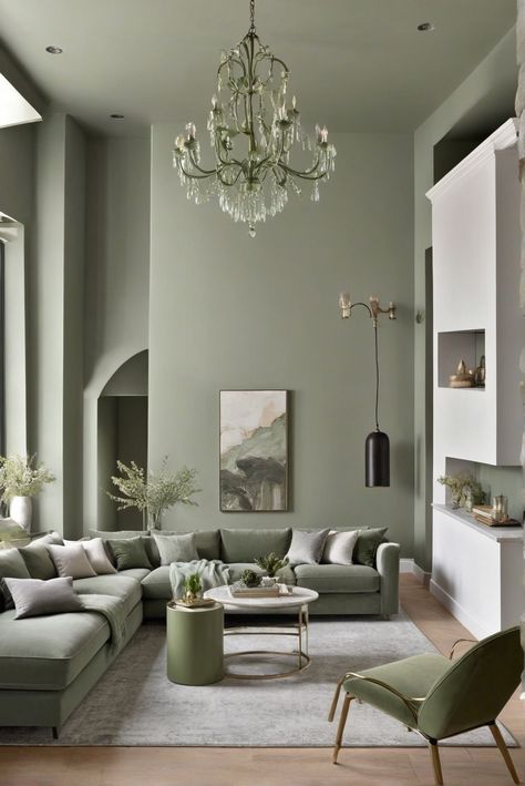 Drama Unleashed: Sage Green and Stone Gray Living Room Enchantment [2024] – Secrets Revealed! #Ad #homedecor #homedesign #fixhome #Painthome #interiorarchitecture Living Room Grey Decor Ideas, Living Room Inspiration Sage Green, Green And Gray Home Design, Decorating With Sage Green Walls, Sage Green Wall Living Room Ideas, Gray Green Decor, Sage Green Kitchen And Living Room, Black White Grey And Green Living Room, Gray Green Wall Color