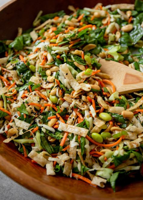 Crunchy and bright, Asian Chopped Salad is packed with colorful vegetables and dressed with a delicious sweet sesame vinaigrette. #salad #Asianfood #easyrecipe #healthyrecipe Asian Summer Salad, Asian Entertaining Recipes, Asian Salad Vegetarian, Asian Chop Salad, Green Asian Salad, Chopped Salad Recipes Chicken, Roasted Sesame Salad, Salads Without Meat, Asian Salad Recipe Healthy