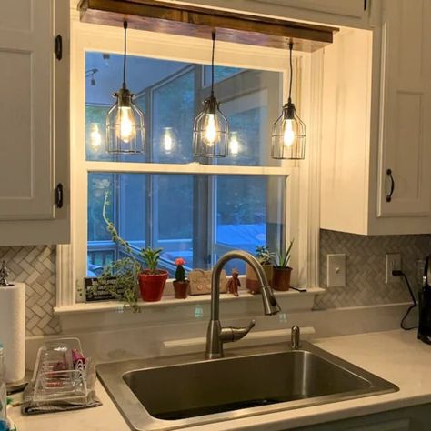 Wooden Beam Ceiling, Farmhouse Kitchen Light Fixtures, Above Kitchen Sink, Kitchen Sink Lighting, Beam Ceiling, Wooden Beam, Farmhouse Light, Farmhouse Kitchen Lighting, Kitchen Lights